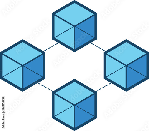 Isometric connected cubes illustration, abstract blockchain network concept, 3D geometric data blocks, modern technology and decentralization design