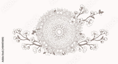 Elegant Intricate Mandala Design with Delicate Floral Branches and Blossoms.