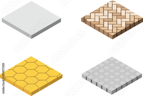 Isometric floor tile textures set, concrete wood hexagon and grid paving slabs, 3D geometric surface illustration