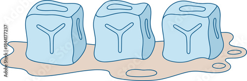 Melting ice cubes illustration, flat minimalist design of frozen water blocks, climate change concept, heat and global warming symbolism
