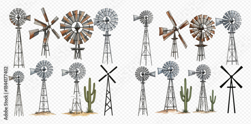 Set of various vintage farm water pumping windmills and wind turbines for power generation.