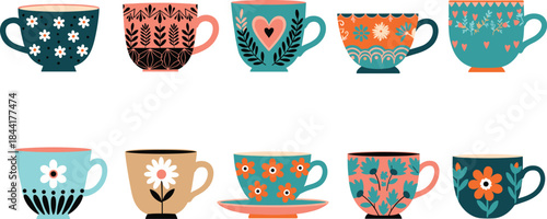Cute decorative tea cup illustration set with floral patterns and cozy mugs, colorful vector collection for coffee, tea, kitchenware and home design projects