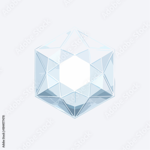Geometric crystal shape. Faceted transparent object. Light blue crystal. Vector illustration. White background. Abstract design element. Luxury gemstone. Crystal structure. Geometric form.