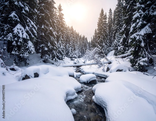 Snowy river carving through a frosted forest, sun peeking, frosted banks, cold, pristine