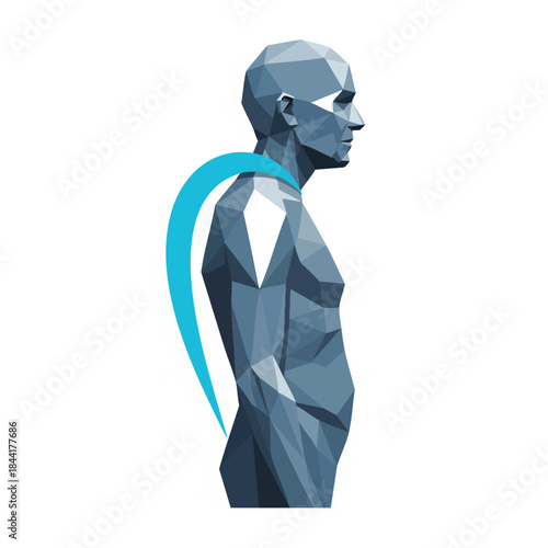 Low poly 3D model of a man displaying correct posture with a blue curve indicating spinal alignment on a white background.