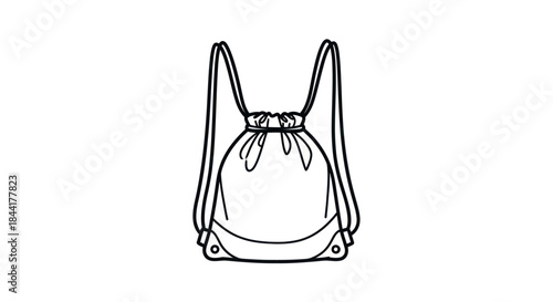 Simple black and white line art illustration of a drawstring backpack or gym sack.
