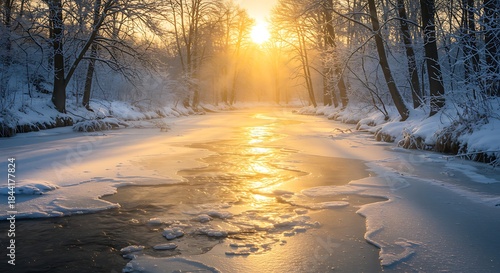 Snowy river landscape with sunlight streaming through trees during winter at sunrise