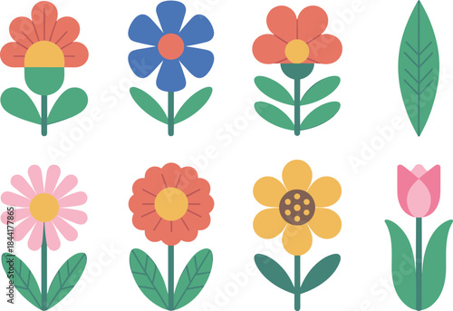 Colorful cartoon flowers set, flat illustration of cute floral icons, spring garden plants, decorative kids style botanical collection