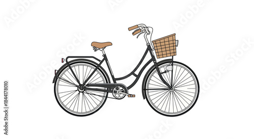 Classic Black Bicycle with Wicker Basket and Brown Leather Seat.
