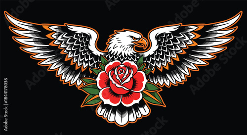 Vintage American Traditional Tattoo Design Screaming Eagle with Spread Wings Holding a Classic Red Rose, Perfect for Retro Apparel and Graphics.Web