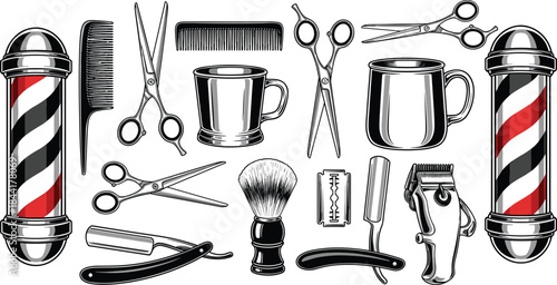 Vintage Barbershop Tools and Hairdressing Equipment Set Including Razor, Scissors, Clipper, Mug, and Classic Pole for Professional Salon Design.