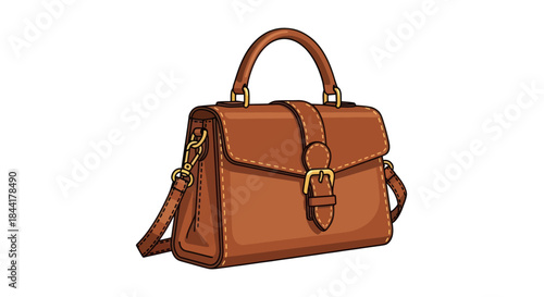 Stylish Brown Leather Handbag with Gold Buckle and Top Handle.
