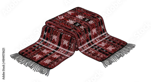 Folded Patterned Red-Brown Textile Blanket with Fringes and Intricate Design.