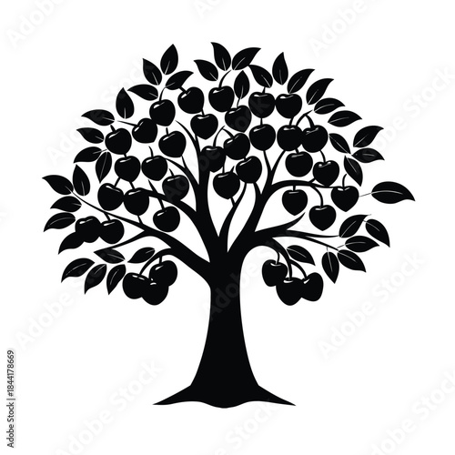 Cherry tree with fruit silhouette black white vector illustration isolated on white background