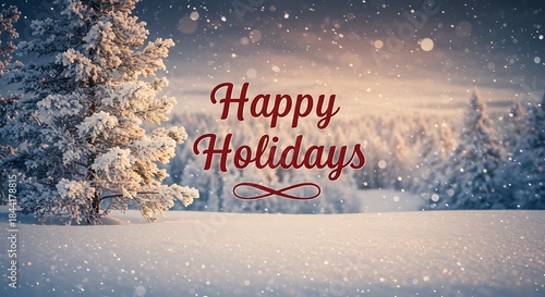 Snowy scene featuring evergreen trees dusted with fresh snow, celebratory message in the center