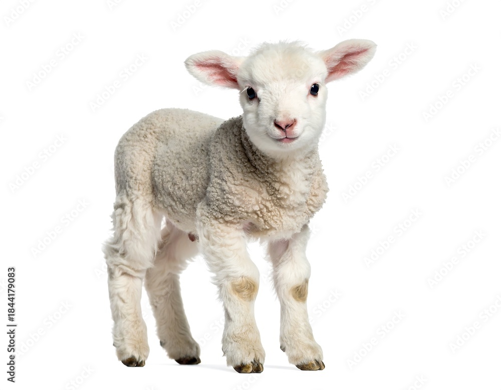 Fototapeta premium Gentle baby lamb with innocent expression high resolution photo in a white background