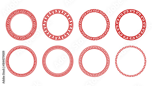 Chinese ring graphic elements collection featuring traditional Greek key circular frames for cultural branding packaging design labels emblems backgrounds and decorative oriental artwork