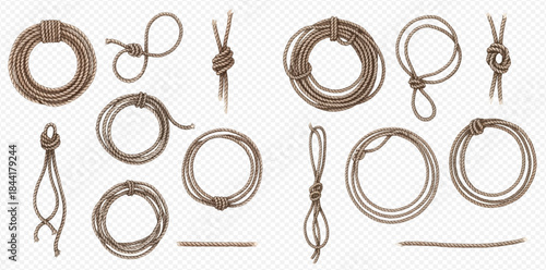 Set of various ropes, knots, and coiled lasso elements for western and nautical themes.