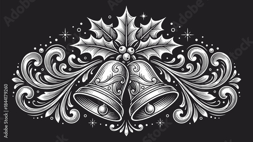 Vintage Christmas Jingle Bells and Holly Leaves Engraving, Festive Holiday Ornament in Black and White Retro Style with Ornate Swirls