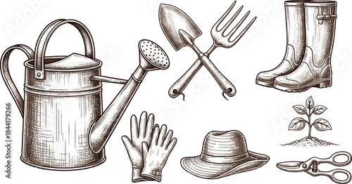 Vintage sketch collection of essential gardening tools and supplies, including watering can, boots, gloves, shovel, and young plant, in an engraved style.