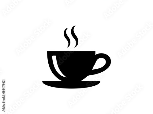 A minimalist black and white icon illustration of a steaming hot coffee or tea cup