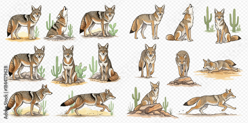 Watercolor illustration set of coyotes in various poses with desert cacti on a transparent background.