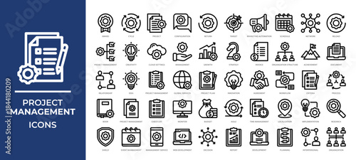Project Management icons set covering planning, workflow, teamwork, and productivity tools. Perfect for business strategy, scheduling, reports, and organization systems.