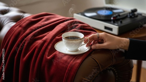 Steaming Coffee on Plush Blanket with Vinyl Record Player in Bac