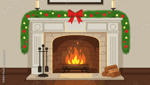 Festive fireplace with garland and firewood decorated for Christmas  