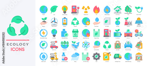 Ecology themed icons set featuring sustainability, renewable energy, recycling, and environmental protection. Great for green projects, nature apps, and eco-friendly campaigns.