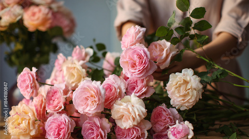 Arranging a beautiful bouquet of roses.