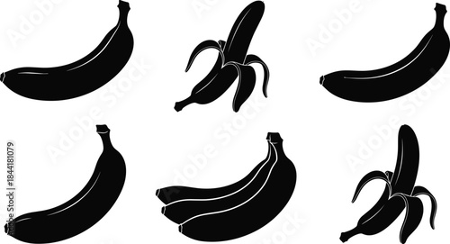 Black silhouette vector icons set of various whole and peeled bananas, a healthy tropical fruit snack, for food logos, branding, or packaging design templates.