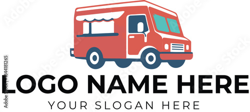 Food truck logo vector with red vehicle, white awning, and blue accents for modern mobile cuisine branding