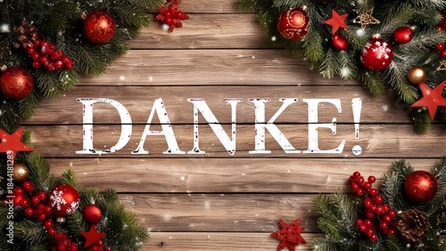 A festive holiday decoration with the german word danke on a wooden background surrounded by christmas ornaments and greenery