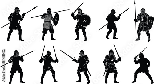 Medieval knight warrior silhouettes set with swords spears shields armored soldiers combat poses black vector illustration isolated white background design collection