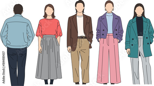 Modern fashion people vector illustration, stylish men and women outfits front and back views, casual urban clothing design flat artwork