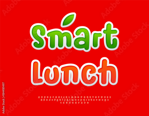 Vector Culinary sign Smart Lunch. Funny Red Font. Bright Sticker Alphabet Letters and Numbers set.