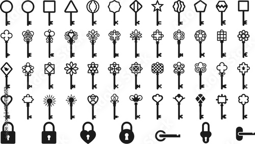 Set of antique vintage skeleton keys, modern keys, padlocks, keyholes, and door handles in black silhouette, vector illustration collection for security and secret concepts.