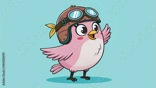 Cute blu cartoon sparrow wearing a safety helmet on solid yellow background. Kawaii character, sticker design, brave and funny concept.