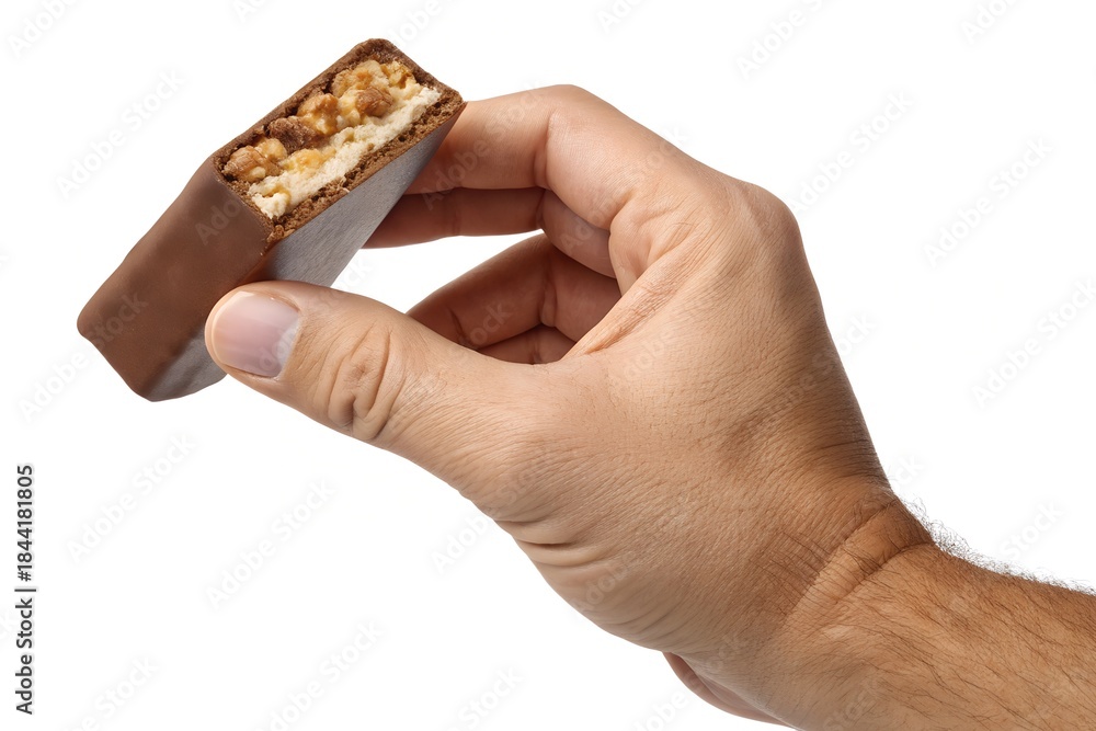 Fototapeta premium hand holding a protein bar on a white background
