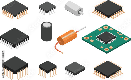 Electronic components illustration, microchips and capacitors, isometric circuit elements, PCB electronics design, modern hardware technology icons