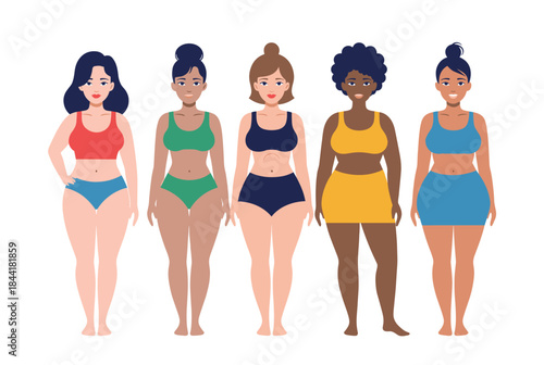 A positive vector illustration showcasing diverse women in swimwear, celebrating body diversity and promoting confidence in all shapes and sizes.