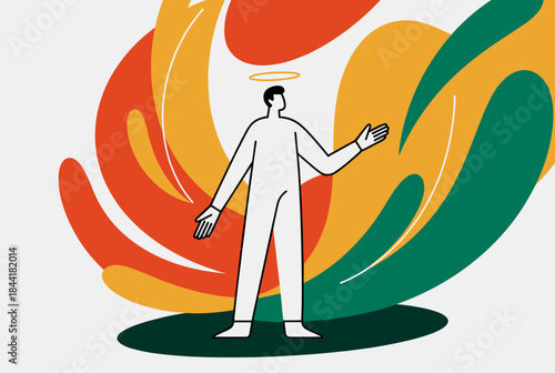 A stylized person with a halo and multiple arms stands amidst vibrant, abstract, flowing colors.