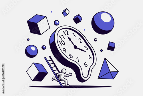 A surreal illustration featuring a melting clock, a small figure climbing a ladder, and floating geometric shapes in a dreamlike blue and white composition.