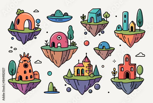 A collection of whimsical cartoon floating islands with various unique buildings and structures in a flat design style.