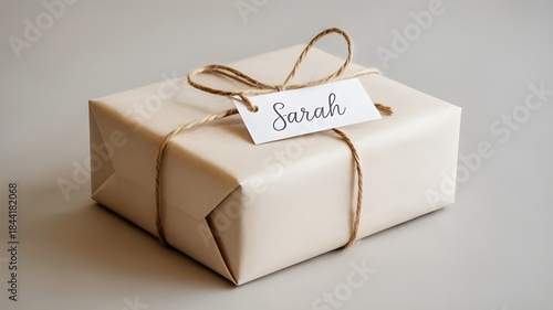 Cream colored gift box wrapped with natural twine and a personalized sarah gift tag