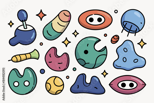 A collection of colorful, whimsical, abstract cartoon shapes with simple faces and sparkles, resembling alien creatures or space elements.