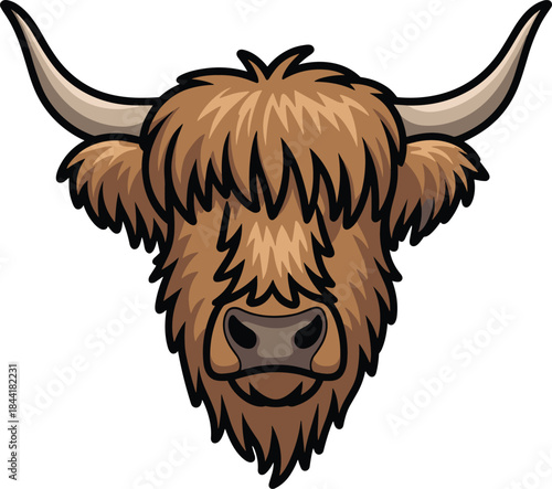 Highland cow illustration, cartoon cow head mascot, shaggy cattle logo, farm animal character, rustic livestock emblem design