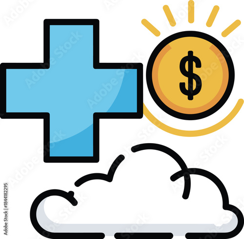 Healthcare cloud finance icon, medical cost savings illustration, health insurance cloud graphic, modern healthcare finance design, medical billing concept