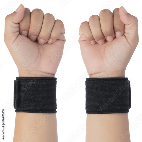 Pair of black wrist wraps for support during exercise isolated on a white background, ideal for fitness and weightlifting